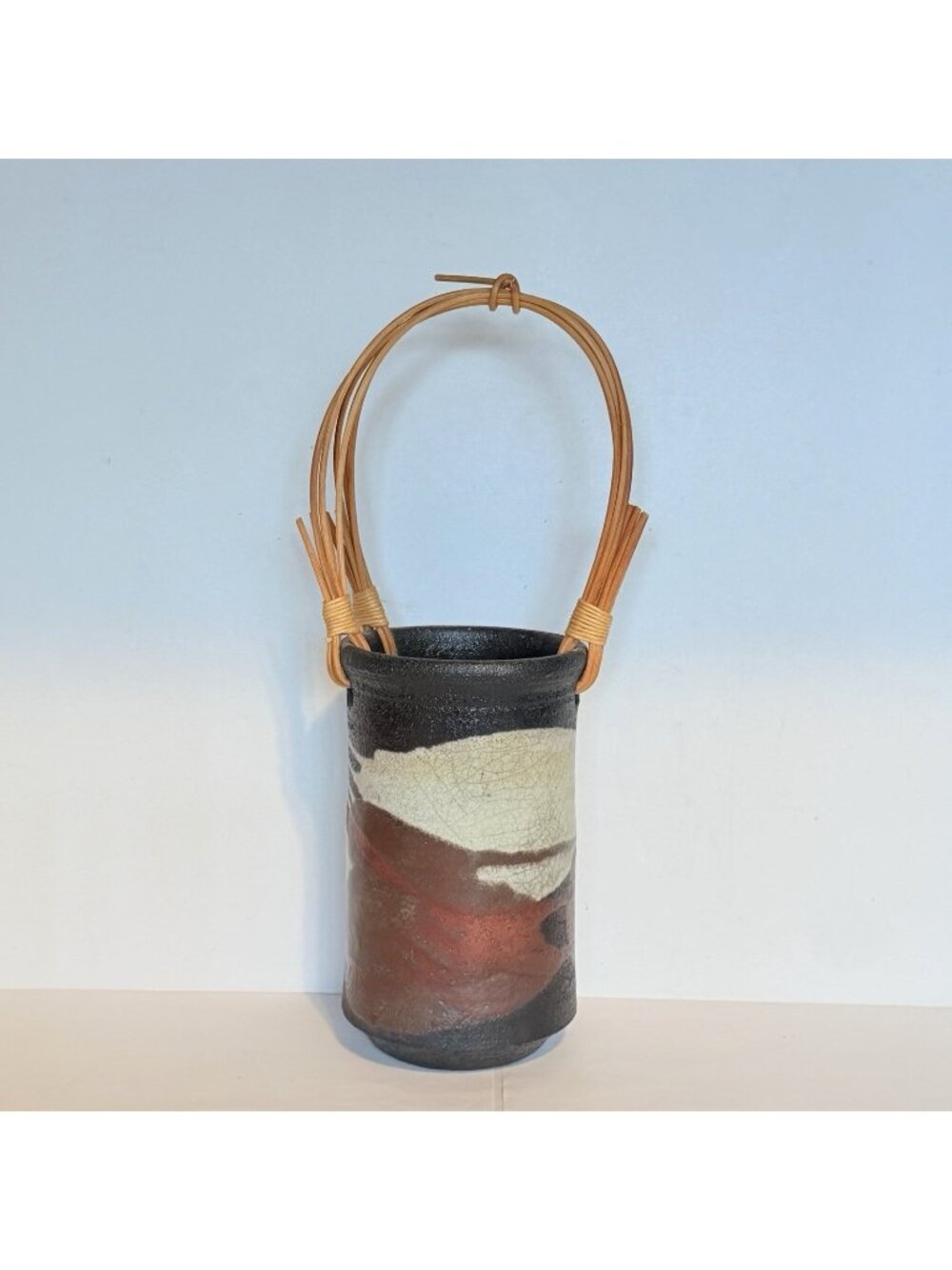 Warren Andrade Raku Pottery Vase 1999 Bamboo Handle Hawaii Artist 12"H w/ handle - Picture 1 of 8